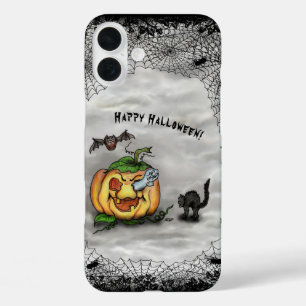 Funda iPhone 16 Plus Fantasma, Gato, Bat y Calabaza, ¡Feliz Halloween!