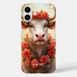 Funda iPhone 16 Plus Fantasy Cute Lovely Cow Rosas