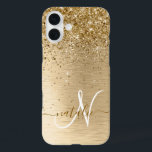 Funda iPhone 16 Plus Faux Gold Cepillado Purpurina Metalizado Monograma<br><div class="desc">Personaliza fácilmente este diseño de estuche de teléfono de moda de moda con purpurina brillante de oro en bonito sobre fondo metálico cepillado de oro.</div>