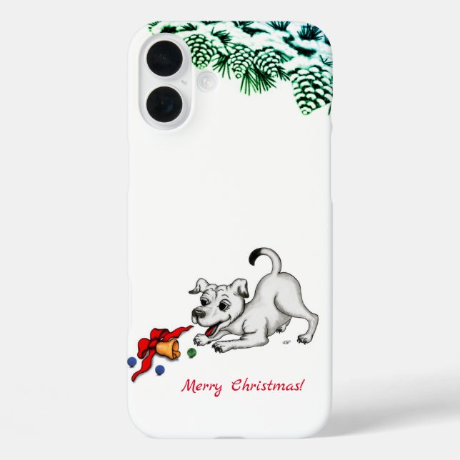 Funda iPhone 16 Plus ¡Feliz Navidad! Cachorro con bell y ball (Reverso )