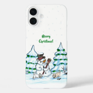 Funda iPhone 16 Plus ¡Feliz Navidad! Hombre de nieve con gato y cachorr