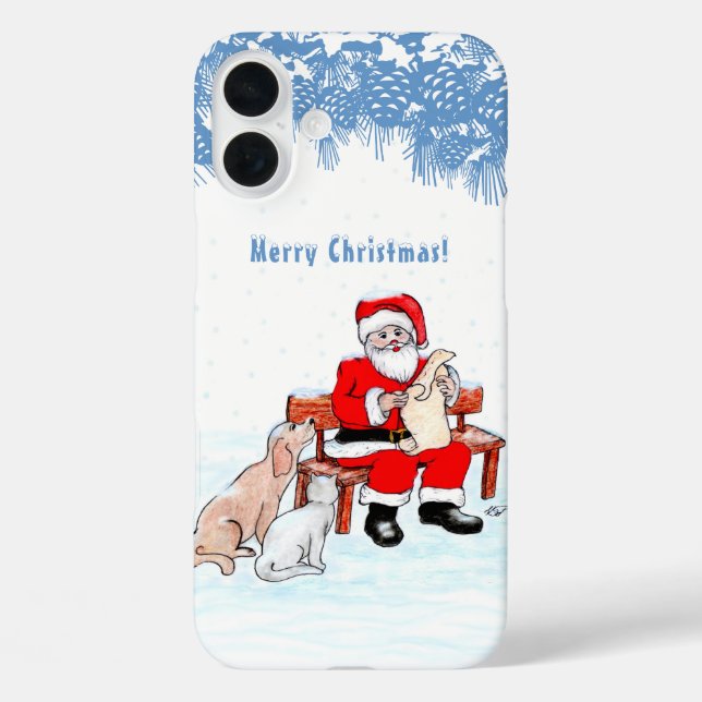 Funda iPhone 16 Plus Feliz Navidad - Papá Noel con gato y perro (Reverso )