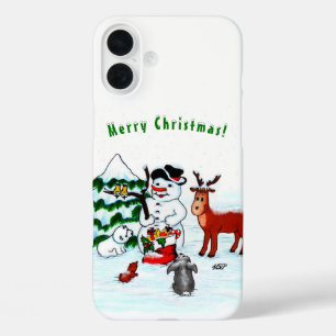 Funda iPhone 16 Plus ¡Feliz Navidad! Snowman con sus amigos