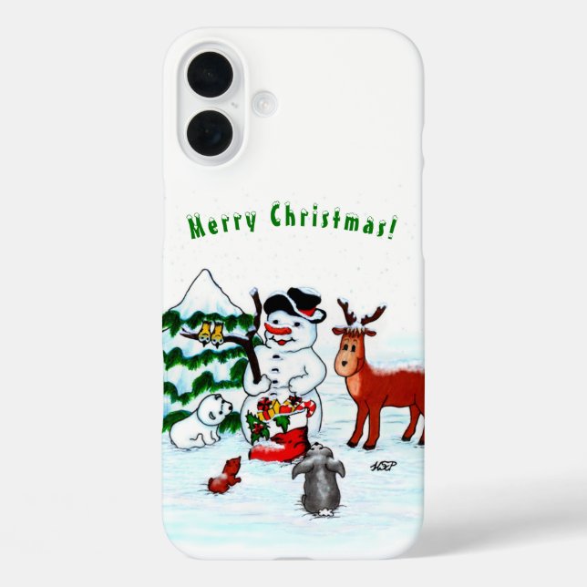 Funda iPhone 16 Plus ¡Feliz Navidad! Snowman con sus amigos (Reverso )