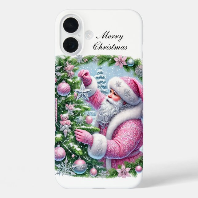 Funda iPhone 16 Plus Festive Christmas pink Santa customizable  (Reverso )