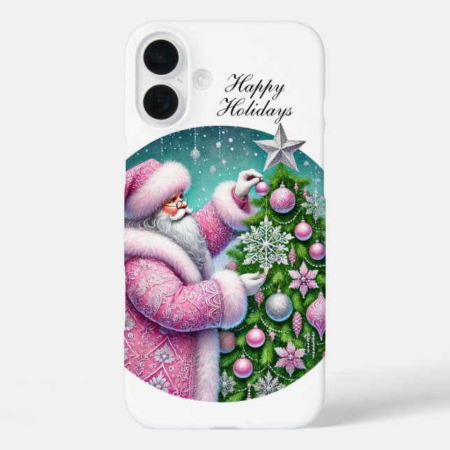 Funda iPhone 16 Plus Festive Christmas pink Santa customizable  (Reverso )
