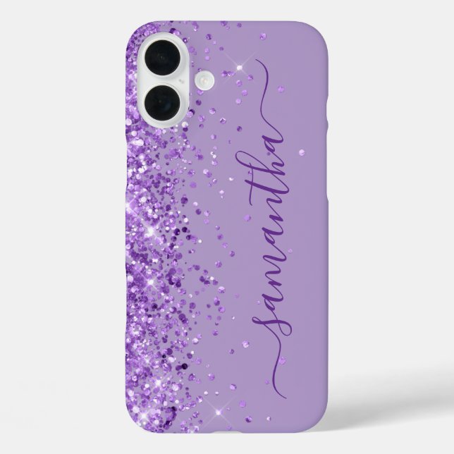 Funda iPhone 16 Plus Firma femenina de purpurina morada (Reverso )