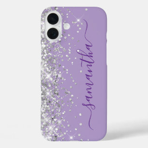 Funda iPhone 16 Plus Firma femenina morada pálida con brillo plateado