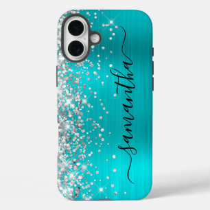 Funda iPhone 16 Plus Firma negra femenina con brillo plateado