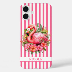 Funda iPhone 16 Plus Flamenco con Flores Tropicales sobre Rayas