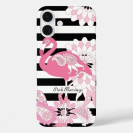 Funda iPhone 16 Plus Flamenco Rosa Caprichoso con Rayas Blancas y Negra