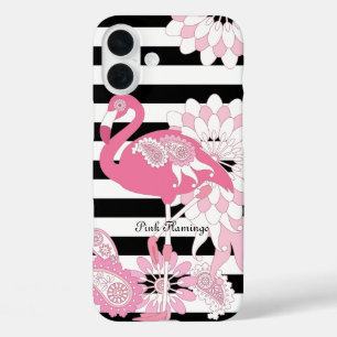 Funda iPhone 16 Plus Flamenco Rosa Caprichoso con Rayas Blancas y Negra