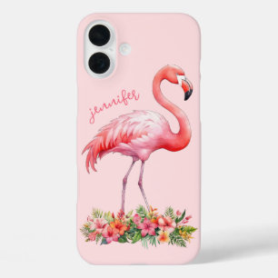 Funda iPhone 16 Plus Flamenco Rosa con Flores Tropicales