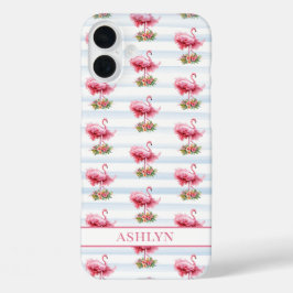 Funda iPhone 16 Plus Flamencos con Flores en Rayas de Acuarela