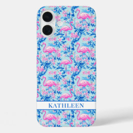 Funda iPhone 16 Plus Flamencos con Flores Rosas Monogramadas