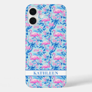 Funda iPhone 16 Plus Flamencos con Flores Rosas Monogramadas