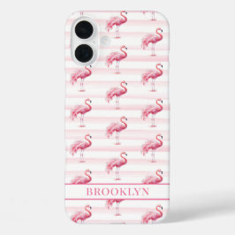 Funda iPhone 16 Plus Flamencos en Rayas de Acuarela Monogramados