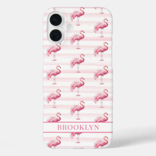 Funda iPhone 16 Plus Flamencos en Rayas de Acuarela Monogramados