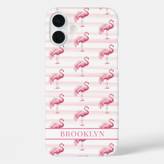 Funda iPhone 16 Plus Flamencos en Rayas de Acuarela Monogramados (Reverso )