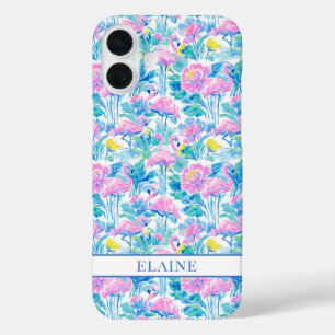 Funda iPhone 16 Plus Flamencos Monogramados en Acuarela Rosa