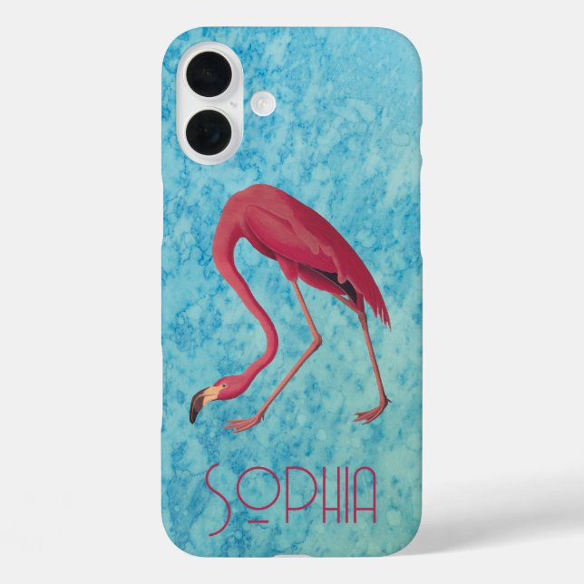 Funda iPhone 16 Plus Flamingo rosa Audubon con acuarela azul (Reverso )