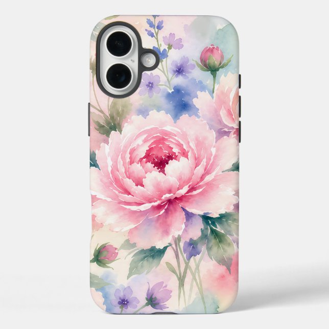 Funda iPhone 16 Plus Flor de peonía acuarela (Reverso )