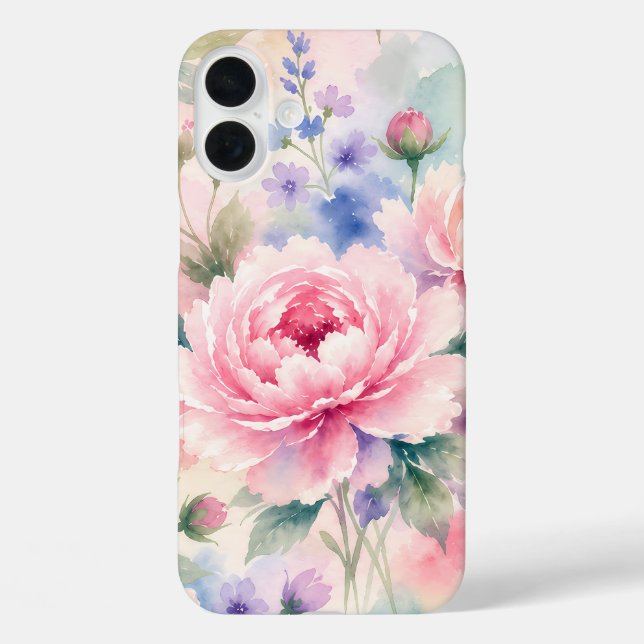 Funda iPhone 16 Plus Flor de peonía acuarela (Reverso )