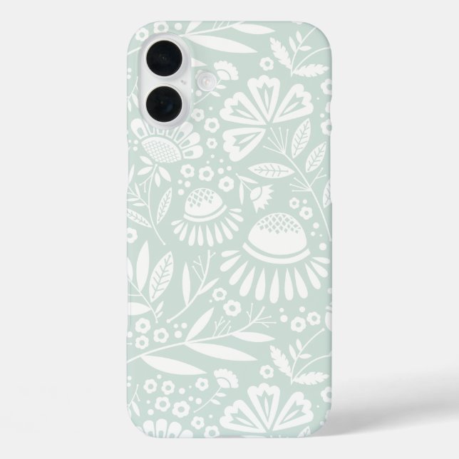 Funda iPhone 16 Plus Floral de jardín geométrico en blanco en menta pál (Reverso )