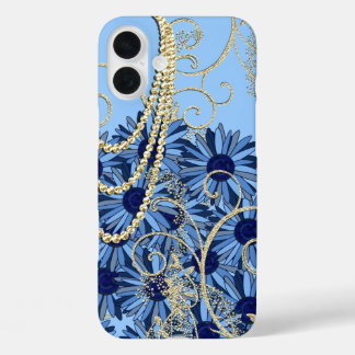 Funda iPhone 16 Plus Floral Navy Blue and Gold Swirl