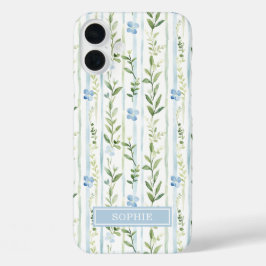 Funda iPhone 16 Plus Floral Personalizado con Rayas Azules