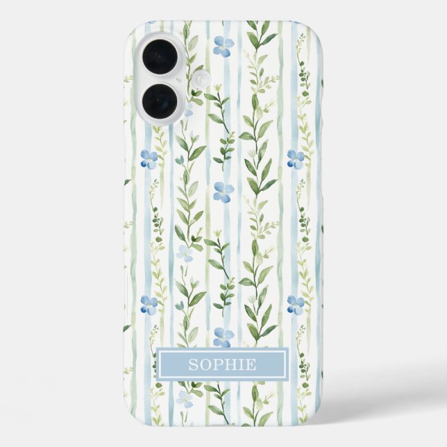 Funda iPhone 16 Plus Floral Personalizado con Rayas Azules (Reverso )