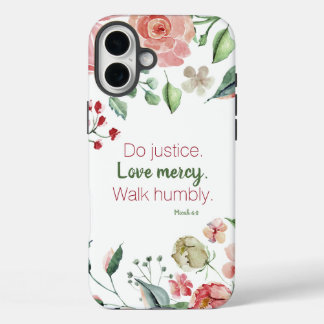 Funda iPhone 16 Plus Floral rosa Micah 6:8 Hacer justicia