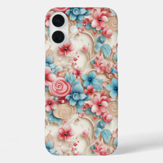 FUNDA iPhone 16 PLUS FLORALES ORNADOS ROSADOS Y AZULES BONITOS