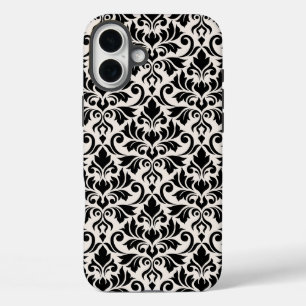 Funda iPhone 16 Plus Florecer Damasco Patrón Grande Negro sobre Crema