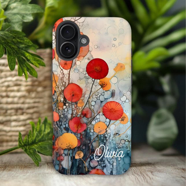 Funda iPhone 16 Plus Flores abstractas modernas con nombre personalizad (Subido por el creador)