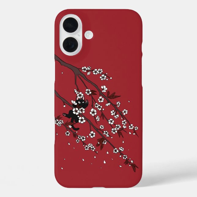 Funda iPhone 16 Plus Flores de ciruelas elegantes y gato negro (Reverso )