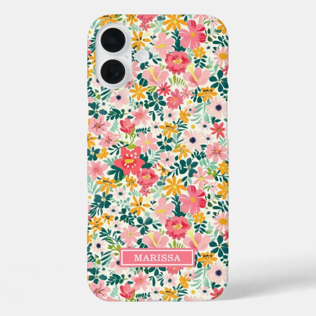 Funda iPhone 16 Plus Flores de Coral Ditsy Monogramadas (Reverso )