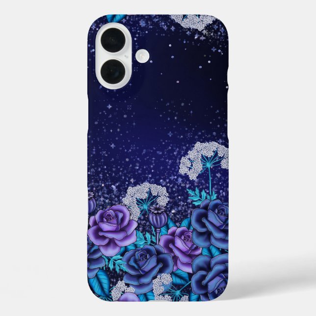 FUNDA iPhone 16 PLUS FLORES DE HALLOWEB AZUL OSCURO Y PURPLE GÓTICO (Reverso )