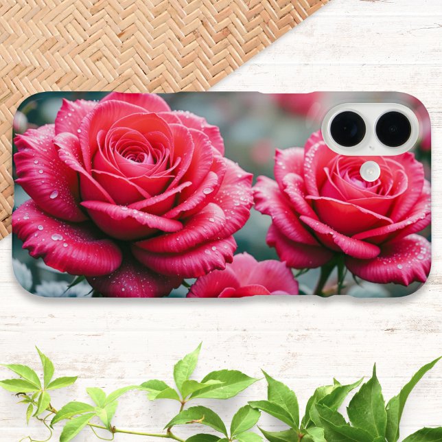 Funda iPhone 16 Plus Flores de Rosa Roja Floral Elegante (An elegant phone case with a design of red roses with rain drops)