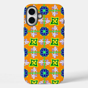 Funda iPhone 16 Plus Flores en azul azul verde estilo Art Deco Retro