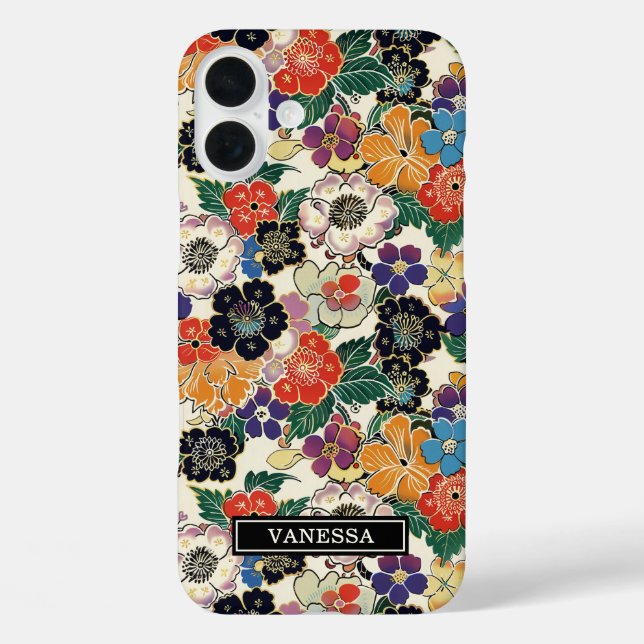 Funda iPhone 16 Plus Flores Japonesas Coloridas Monogramadas (Reverso )