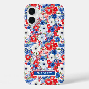 Funda iPhone 16 Plus Flores Patrióticas Monogramadas