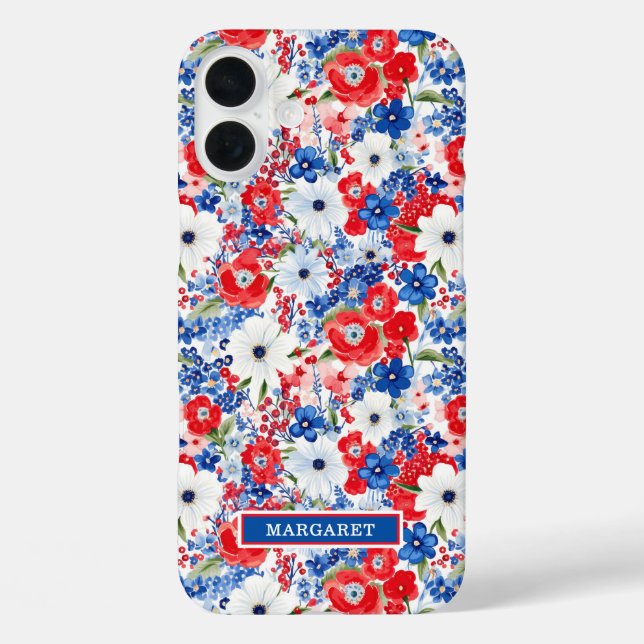 Funda iPhone 16 Plus Flores Patrióticas Monogramadas (Reverso )