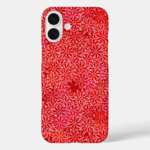 Funda iPhone 16 Plus Flores rojas y coralinas, fondo rojo oscuro
