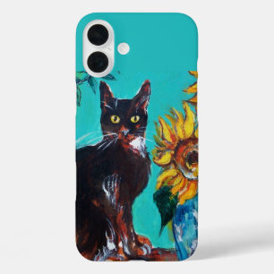 FUNDA iPhone 16 PLUS FLUJOS CON GATO NEGRO EN TURQUÍA AZUL