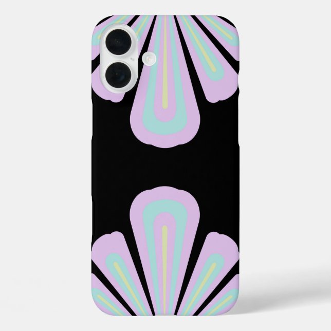 Funda iPhone 16 Plus Formas florales pastel sobre fondo negro (Reverso )