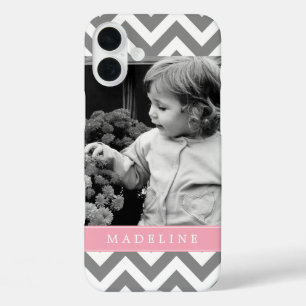 Funda iPhone 16 Plus Foto personalizada de zigzags de color gris y rosa