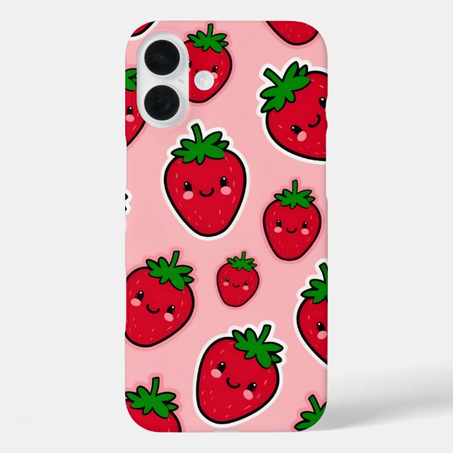 Funda iPhone 16 Plus Fresa sonriente con mejillas rosadas (Reverso )
