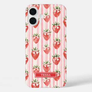 Funda iPhone 16 Plus Fresas acuarela con lazos coquette