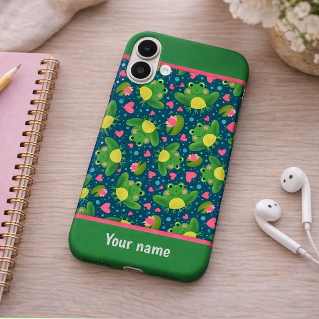 Funda iPhone 16 Plus Fun Frog Pattern Custom Name New Beginnings (Subido por el creador)